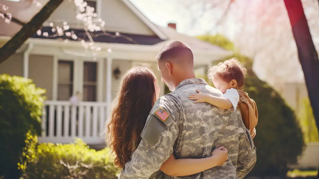 Military family standing outside a new home, showing how military buyers choose where to live near Quantico based on assignment and family needs