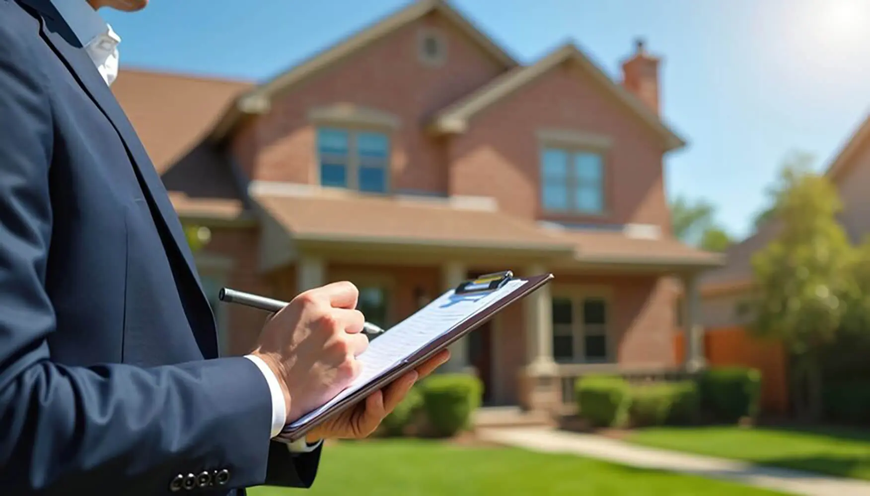 Real estate agent reviewing paperwork outside a home, illustrating how buyers decide how much home they can afford in Fredericksburg