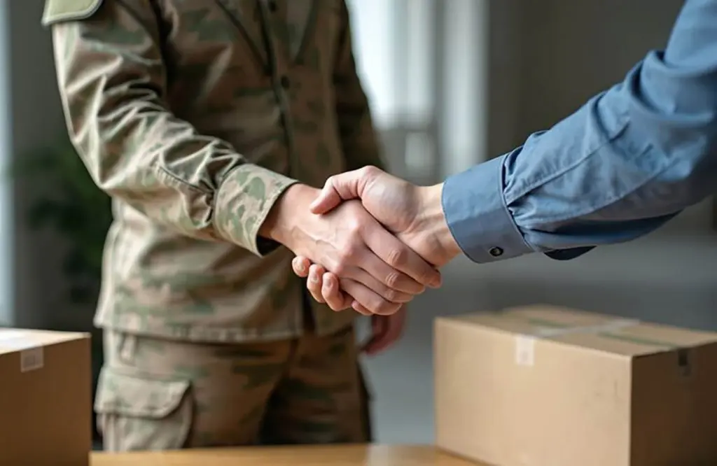 Military buyer shaking hands during a home purchase, illustrating why military buyers struggle with timing a home purchase