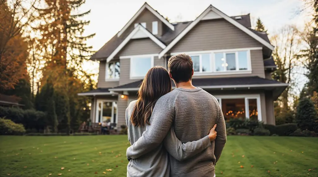 A couple standing in front of a spacious home weighing how buyers think about location versus space in Arlington